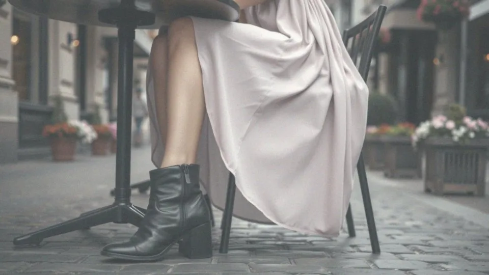 W jaki sposób jasna sukienka podkreśla cerę przy czarnych butach?